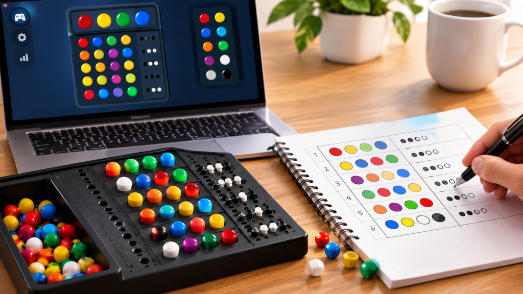Playing the Mastermind Game Online and on Paper