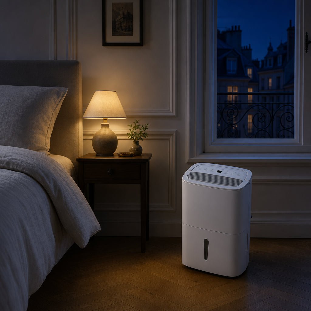 Portable dehumidifier running in a bedroom near a window