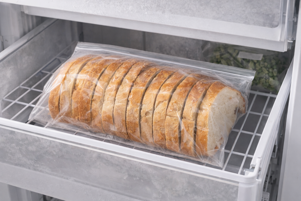 Wrapped bread stored inside a home freezer drawer