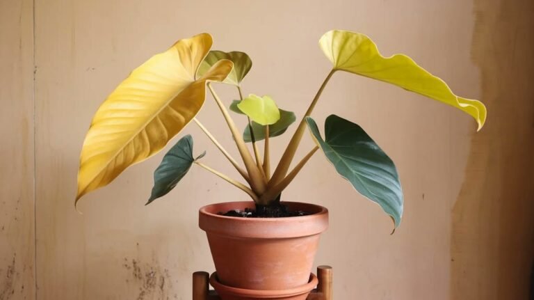 Houseplant with yellow leaves in a white pot showing common yellowing.