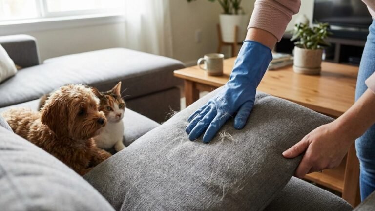 A person wearing a blue rubber glove removing pet hair from a gray couch while a dog and cat watch.