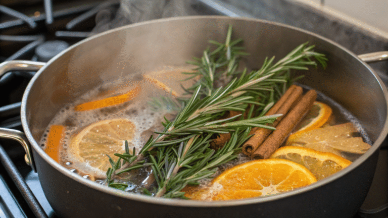 How to Remove Cooking Smells from House Fast: 9 Quick and Proven Fixes A simmer pot with orange slices, rosemary and cinnamon sticks steaming on a hob
