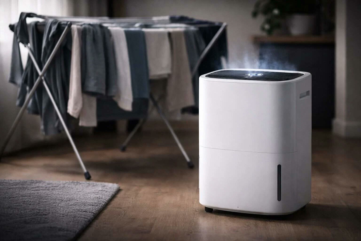 Dehumidifier running next to a clothes airer to speed up indoor drying