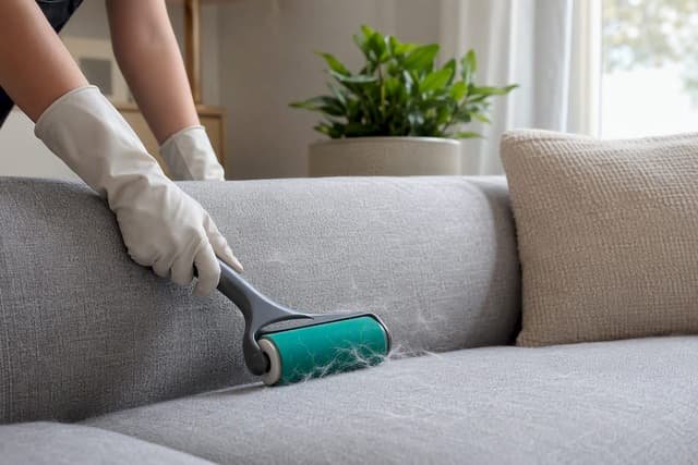 A person using a reusable pet hair roller on a gray fabric couch