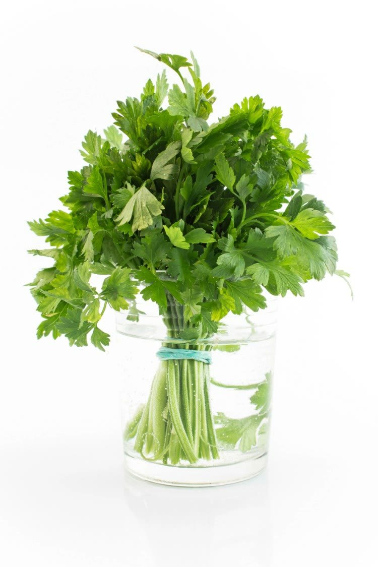 Fresh parsley stored upright in a jar of water in the fridge