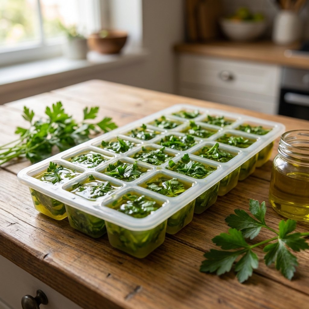 Chopped fresh parsley frozen in an ice cube tray with oil