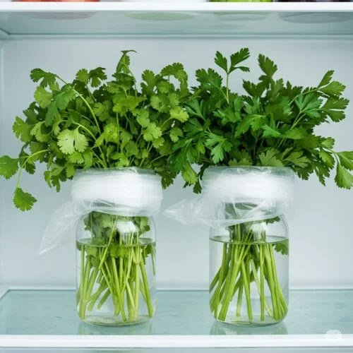 Fresh basil and herbs arranged bouquet style in a jar of water at room temperature