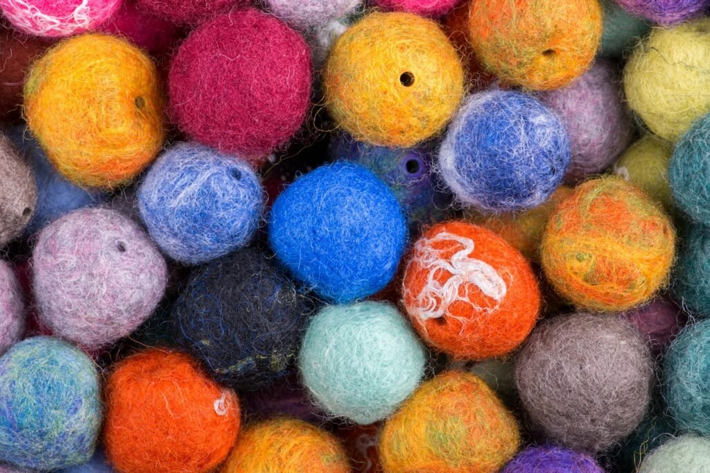 Close up of colorful wool dryer balls