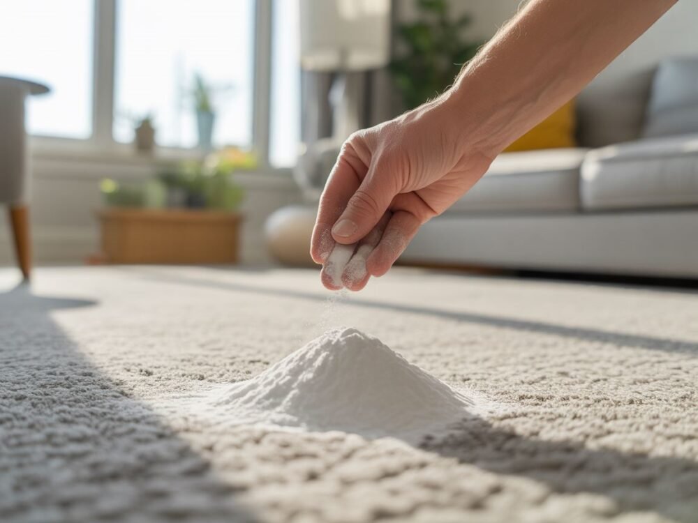 Talcum powder sprinkled over carpet seams to quiet a noisy floorboard