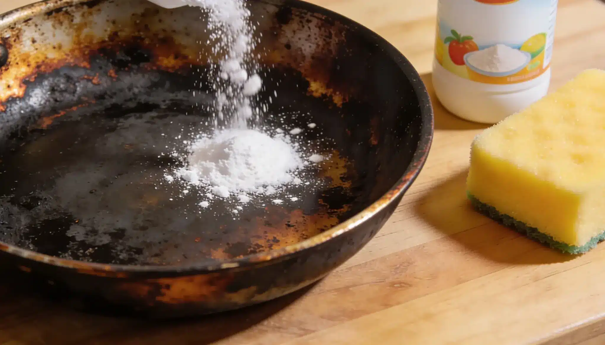 Baking soda being sprinkled into a burnt pan next to a bottle of vinegar and a sponge