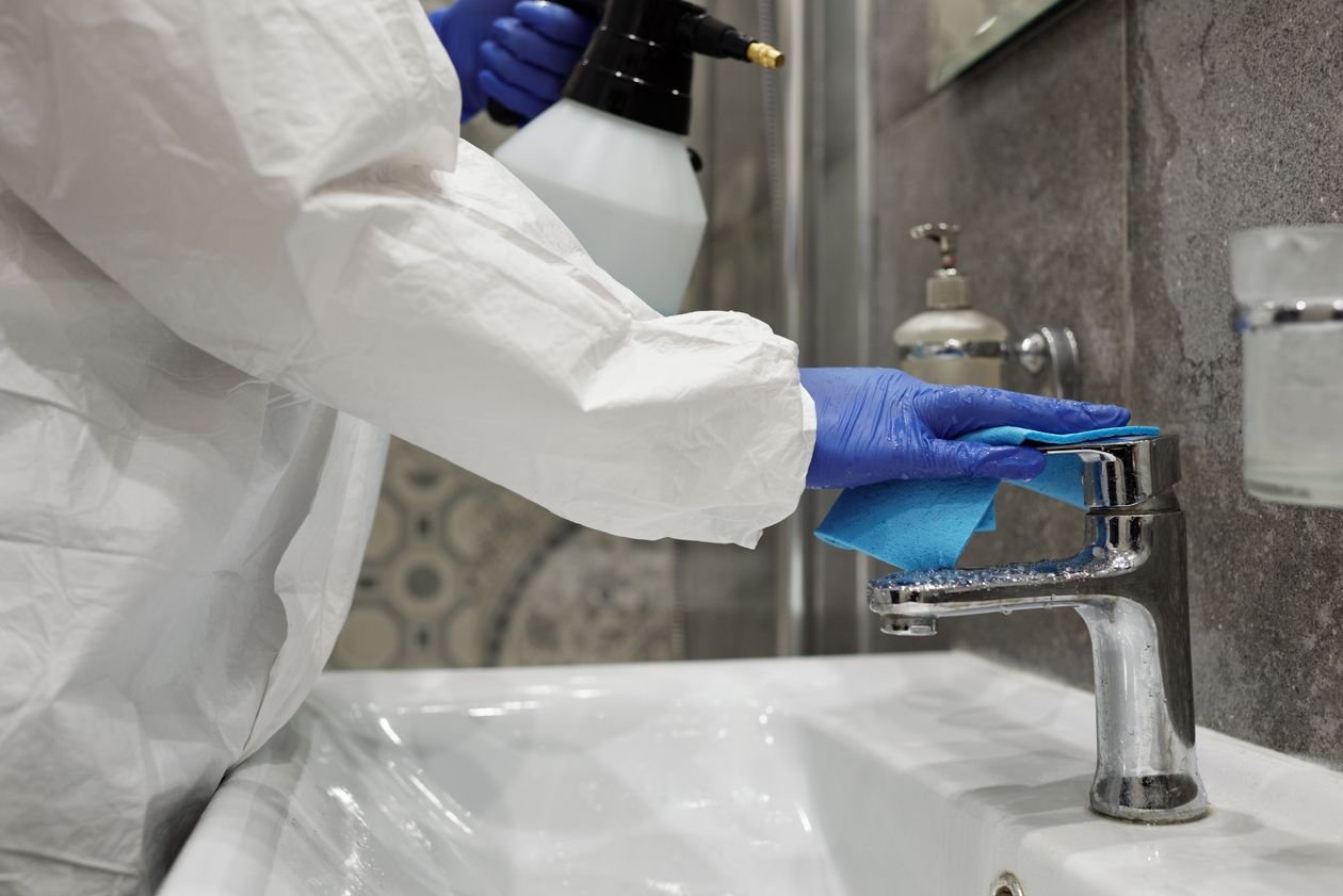 Person cleaning a bathroom faucet with a cloth and spray bottle