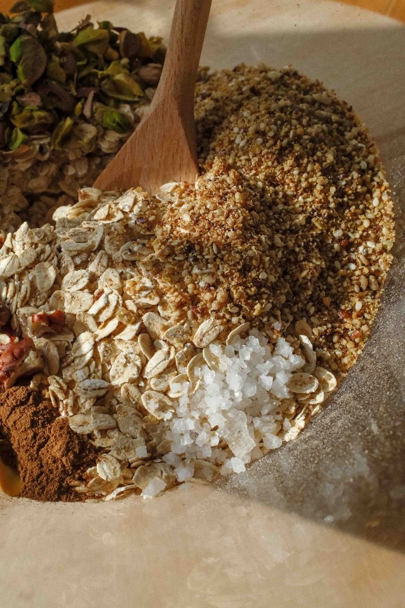 Bowl of porridge oats with cinnamon sugar and chopped nuts for flapjacks