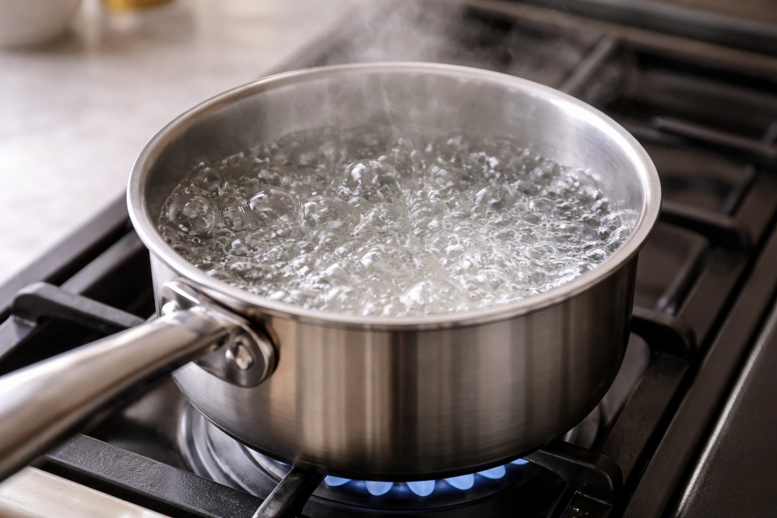Water boiling in a saucepan on a gas stove burner