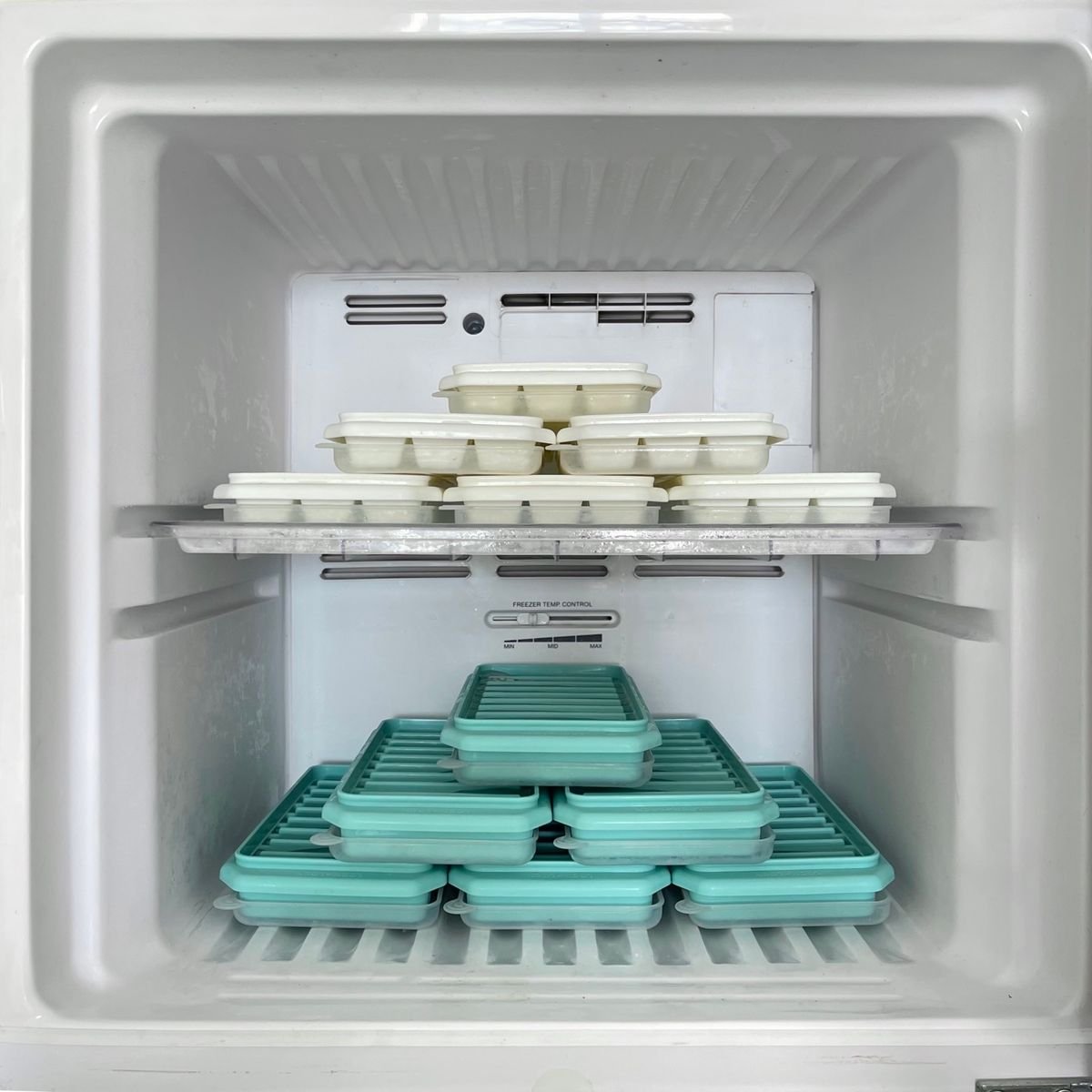 Clean and tidy freezer with ice trays after defrosting