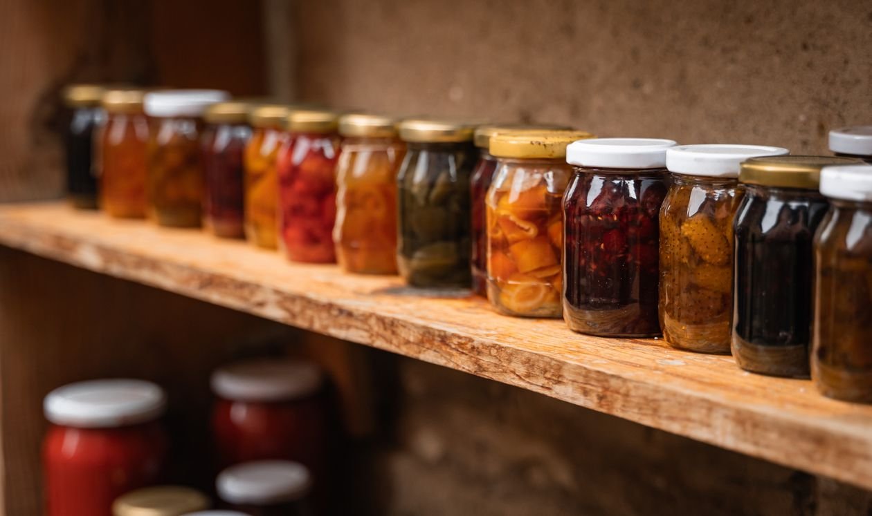 Homemade preserves stored in glass mason jars on a wooden shelf