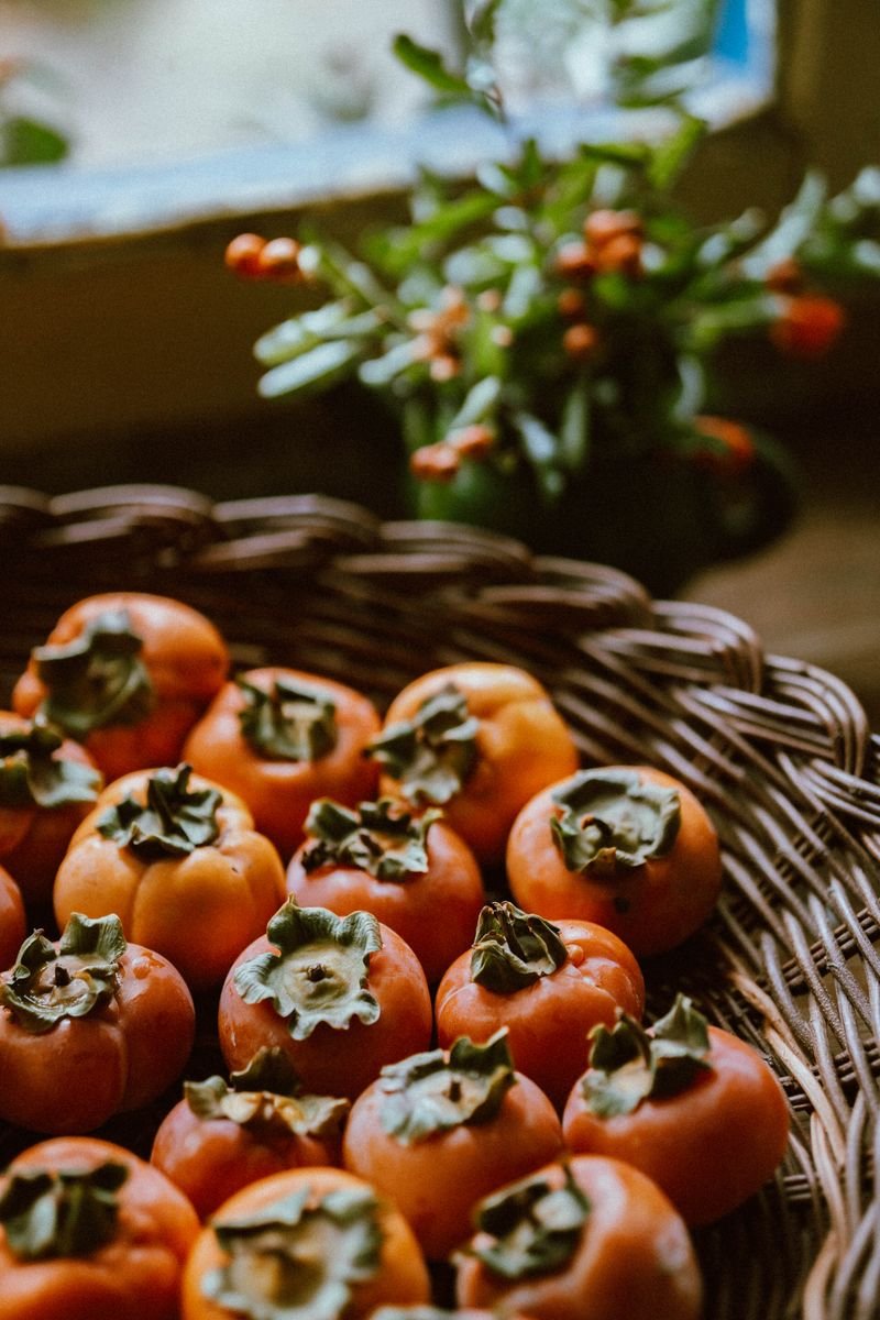 Wicker basket filled with fresh persimmons near a window