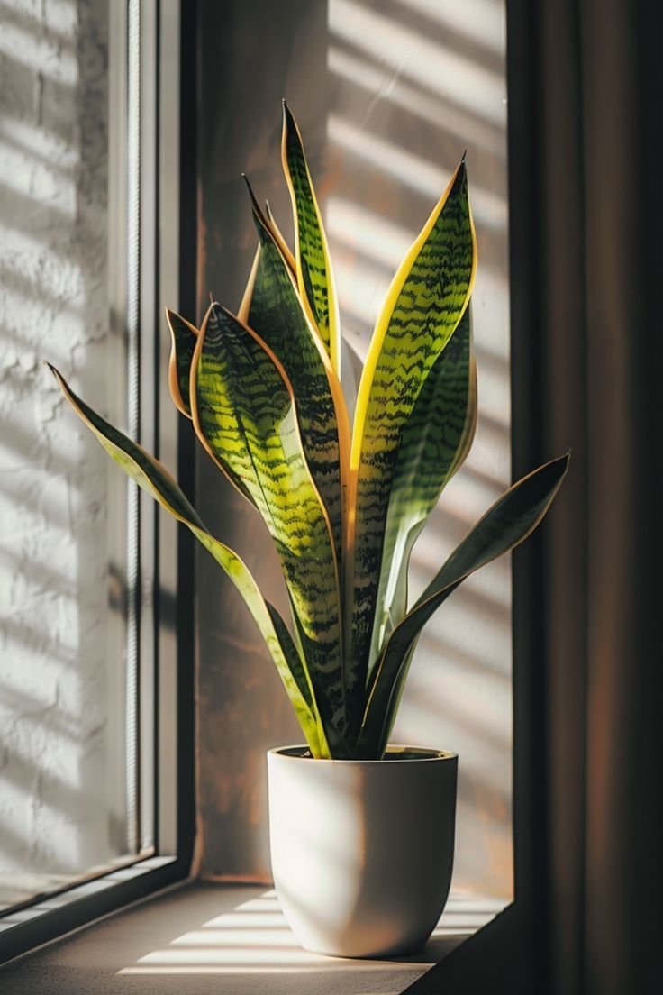 Snake plant in a white pot on a sunny windowsill receiving bright indirect light