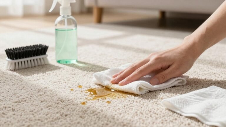 Pet owner treating a dried dog urine stain on a beige living room carpet with a clean white cloth