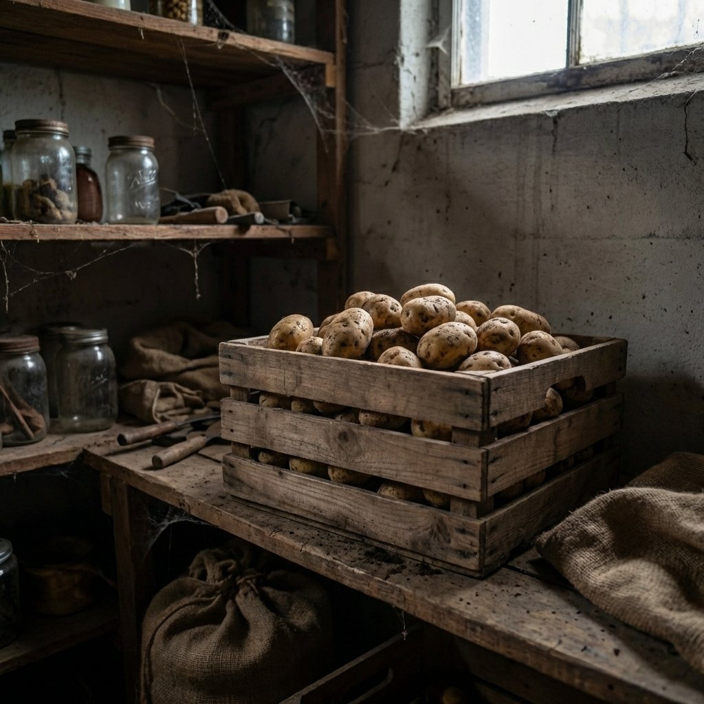 Wooden crate of potatoes stored in a cool dark place
