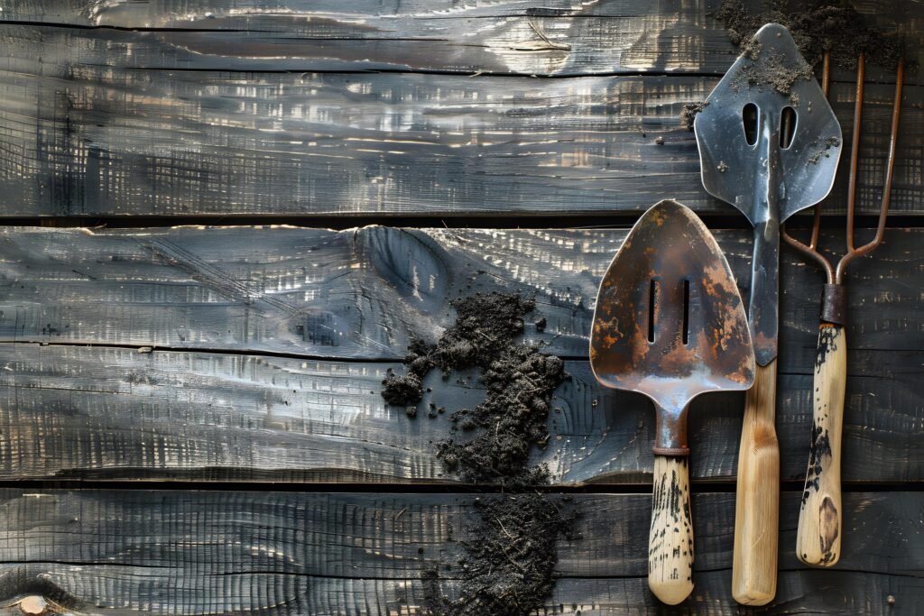 Rusty garden trowels and hand forks resting on a wooden table with dry soil