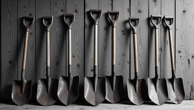 Row of weathered metal shovels lined up against a wooden wall