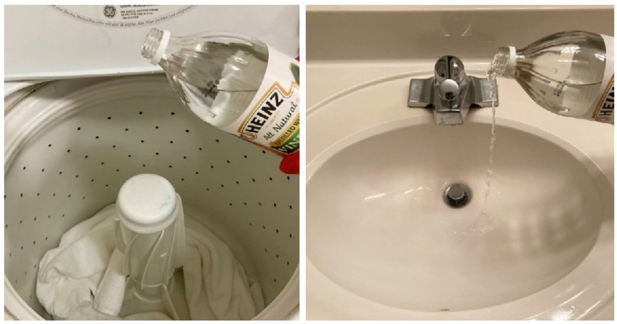 White vinegar being poured from a bottle into a top loading washing machine