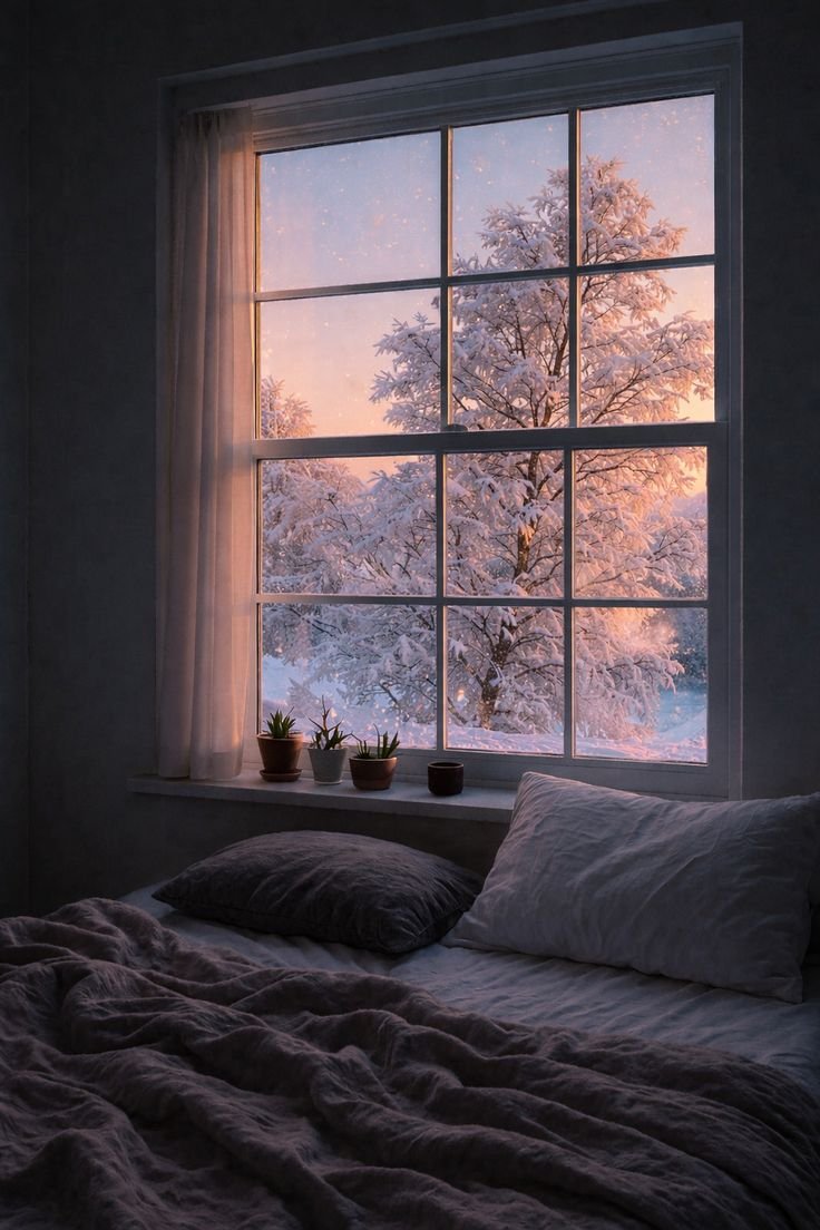 Bedroom window on a cold winter morning with frost visible outside