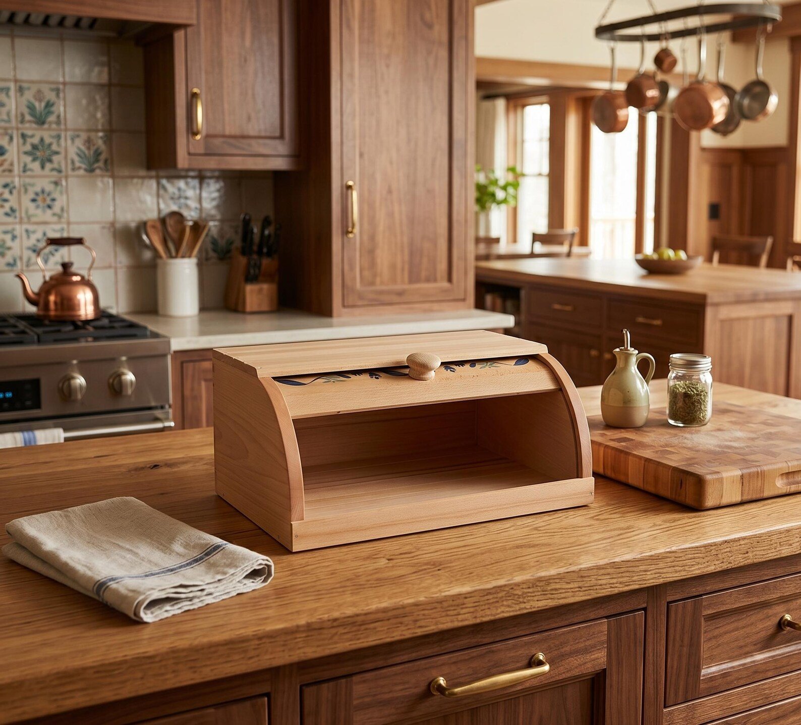 Wooden bread box with a lid on a kitchen worktop